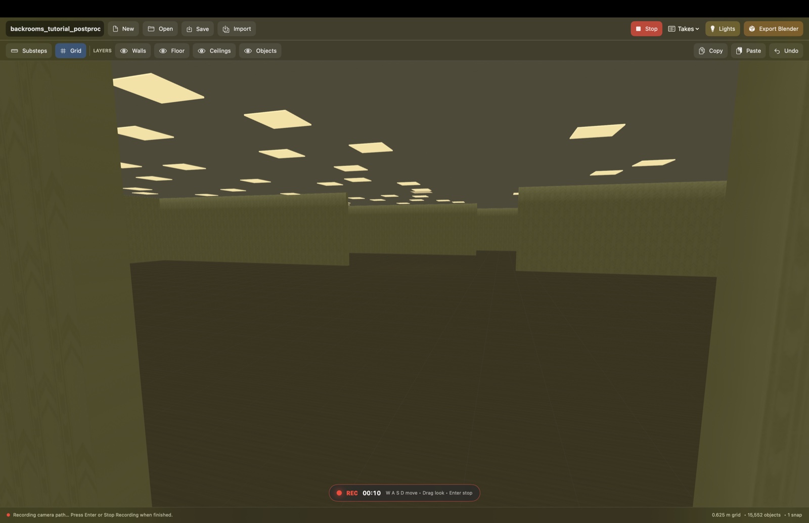 First-person recording mode inside a Backrooms Builder level